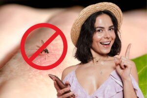 zanzara poggiata su mano e donna con idea